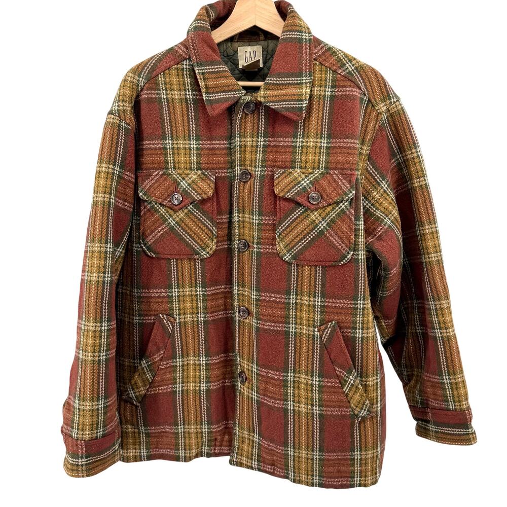 Vintage 90s Gap Brick Red Mustard Plaid Quilted Shacket